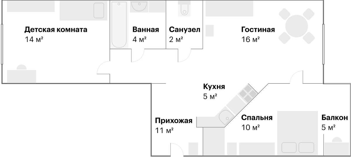 Вот такая получилась планировка: кухню перенесли в коридор и объединили ее с гостиной, а спальню объединили с балконом