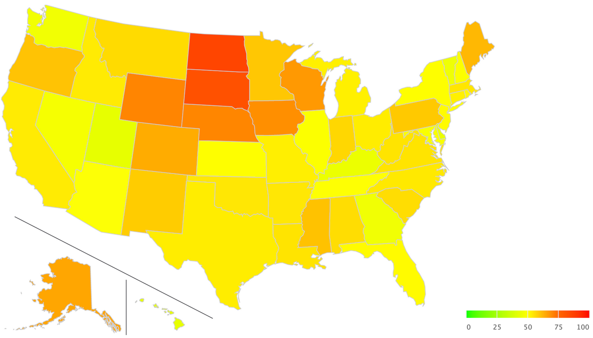 Индекс коронавирусной паники в разных штатах США: 0 — низкий уровень, 100 — очень высокий. Источник: Cognovi Labs