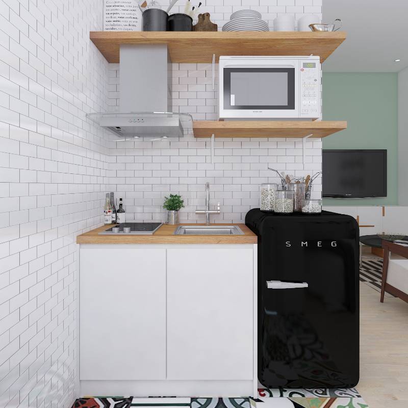 Крохотная кухня с маленьким холодильником — максимум сварить кофе и разогреть готовую еду. Источник: designrecords.com