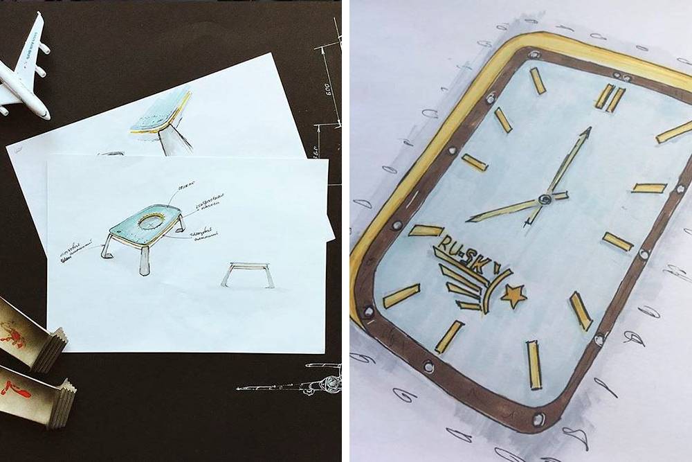 Первые эскизы журнального столика и настенных часов, выполненные Анастасией