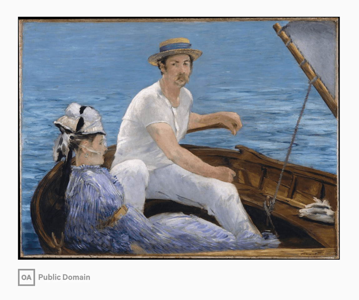 Вот, например, картина «В лодке» Эдуарда Мане. Она написана в 1874 году и хранится в нью-йоркском музее Метрополитен. Эта картина признана общественным достоянием. Ее можно свободно печатать на футболках, кружках и других местах