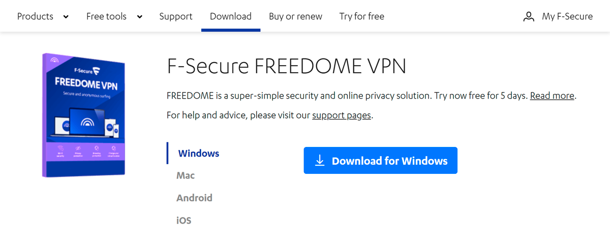 Покажу процесс установки клиента на примере сервиса F-Secure. Зайдите в раздел Download на официальном сайте компании. Скачайте программу F-Secure Freedome VPN под свою операционную систему