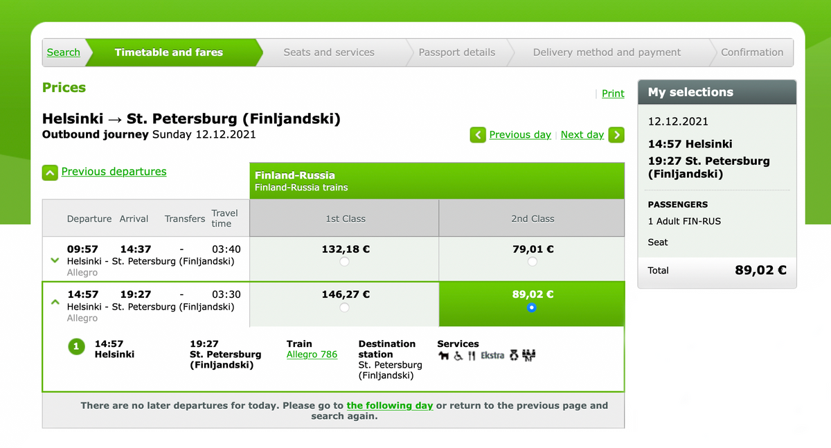Билет из Хельсинки в Санкт-Петербург у Финских железных дорог стоит от 79 € (6575 <span class=ruble>Р</span>)