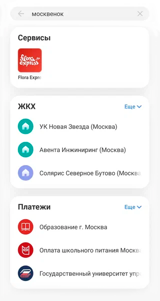 В поиске введите «Москвенок» и выберите «Оплата школьного питания Москва»