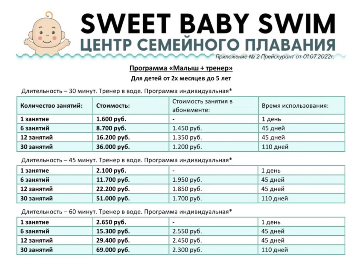 Прайс индивидуальных занятий по плаванию в центре семейного плавания Sweet Baby Swim. Источник:&nbsp;sbs.su