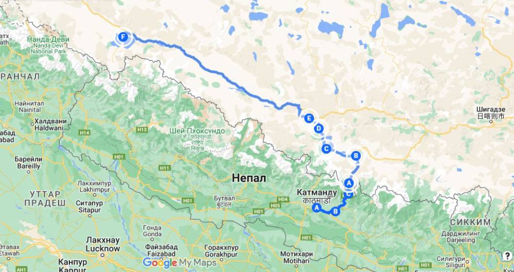 Наш маршрут от Катманду до поселка Дарчен, где начинался пеший маршрут