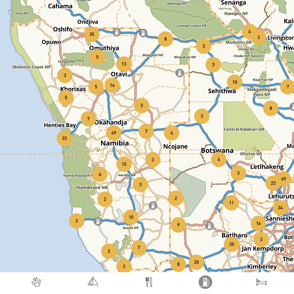 Если нажать внизу на иконку с колонкой, на карте появятся все АЗС страны. Источник:&nbsp;tracks4africa.co.za