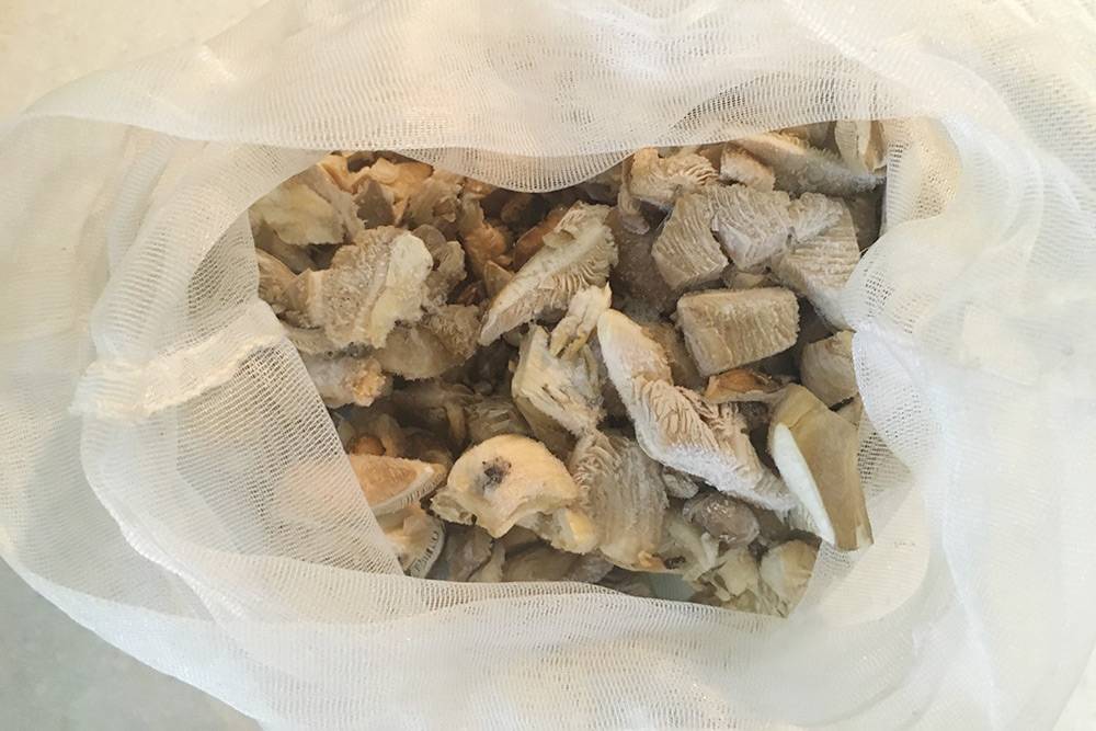 Замороженные в мешочке грибы. Мешочек сделан из старых занавесок