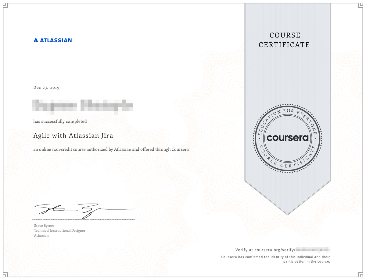 Сертификат об окончании онлайн-курса Atlassian