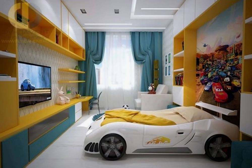 Спальня для мальчика, который фанатеет по «Тачкам». Скорее всего, такой ремонт придется переделывать уже через два года. Источник: pinterest.com