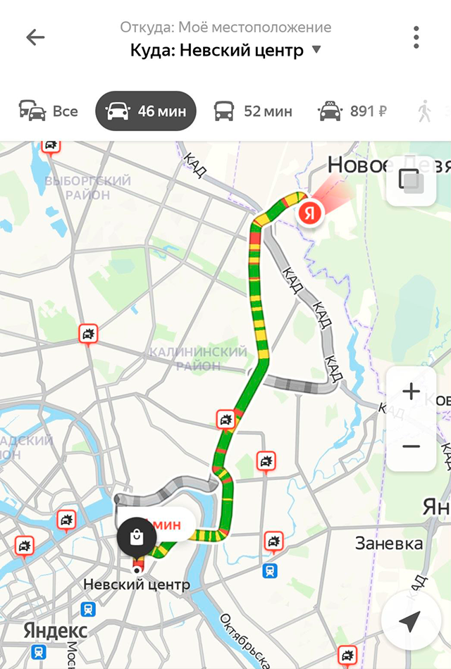 Это маршрут от Мурина до центра Петербурга в субботу вечером. Красных участков очень мало