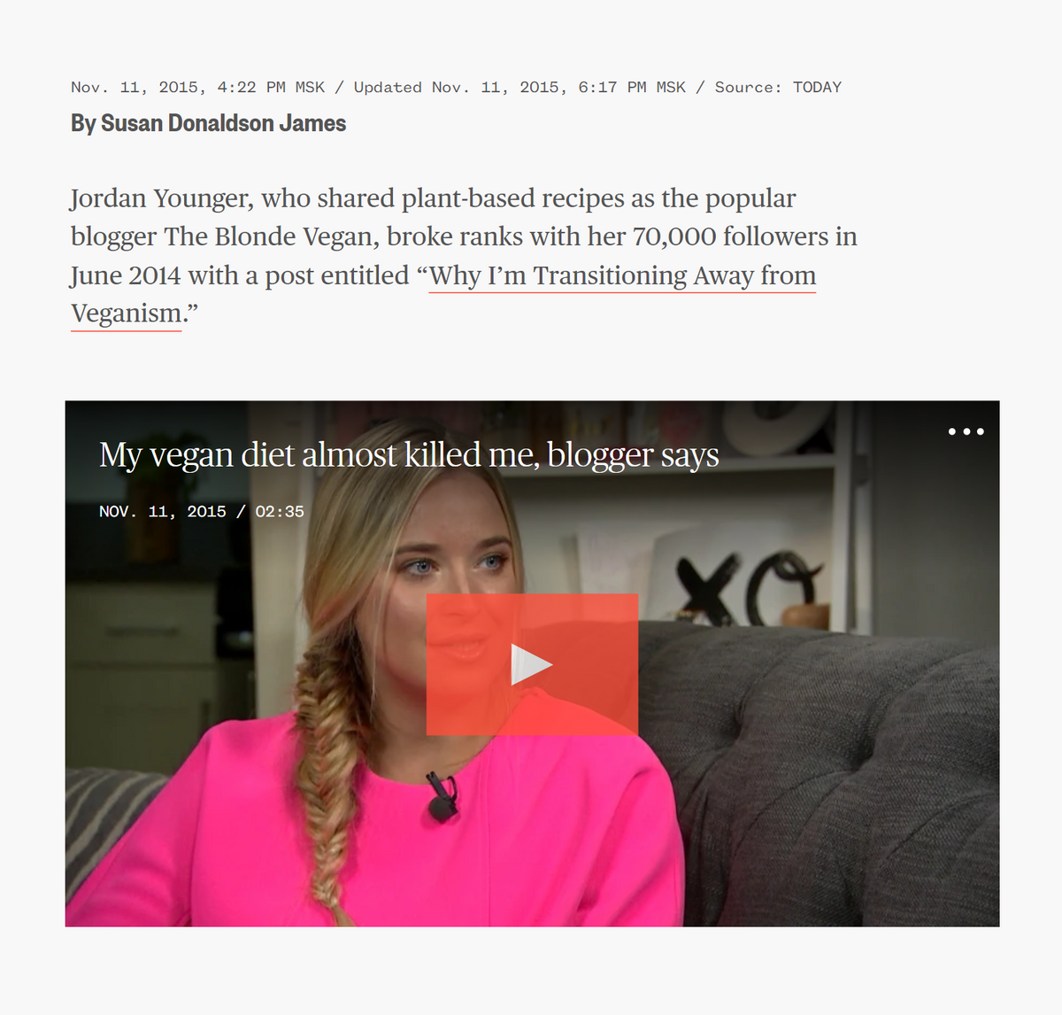 Страница сайта today.com, посвященная Джордан Янгер — 22-я секунда видео