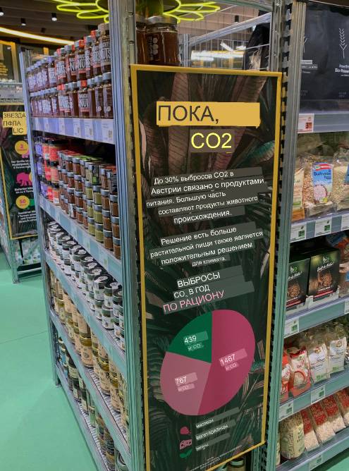 В городе постоянно встречается реклама веганских продуктов, в которой сказано, как положительно веганство влияет на климат. Например, так выглядит подобная реклама после «Гугл-переводчика»