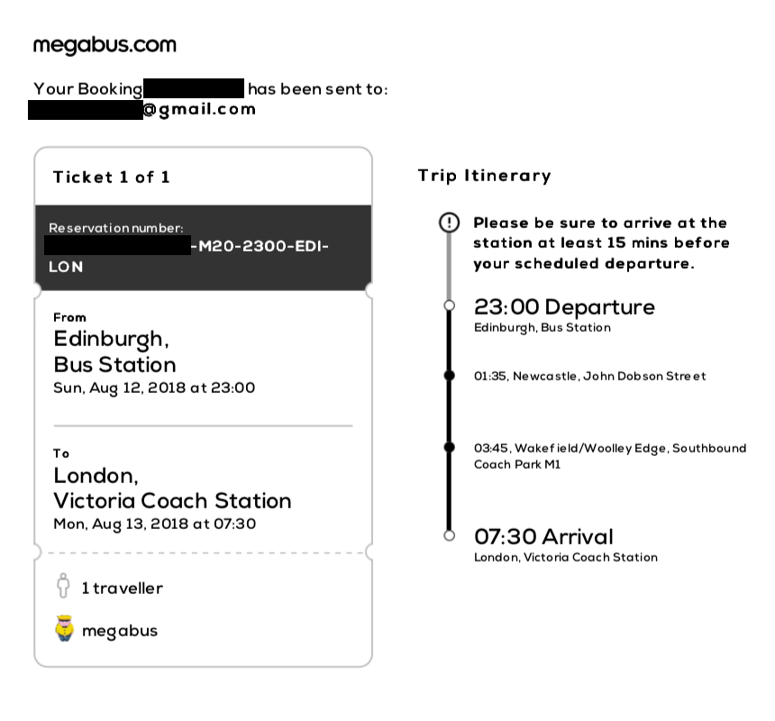 Билет на ночной автобус из Эдинбурга в Лондон. Компания просит приезжать на вокзал минимум за 15 минут до отправления