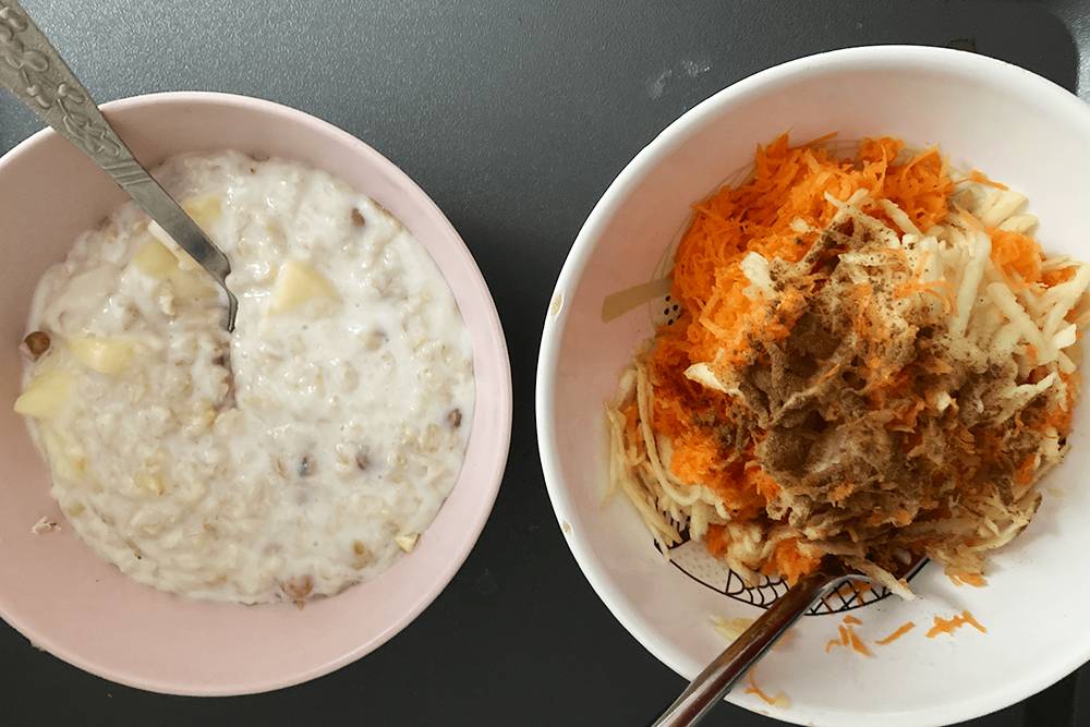 Ужин: овсянка с изюмом, салат из моркови и яблока