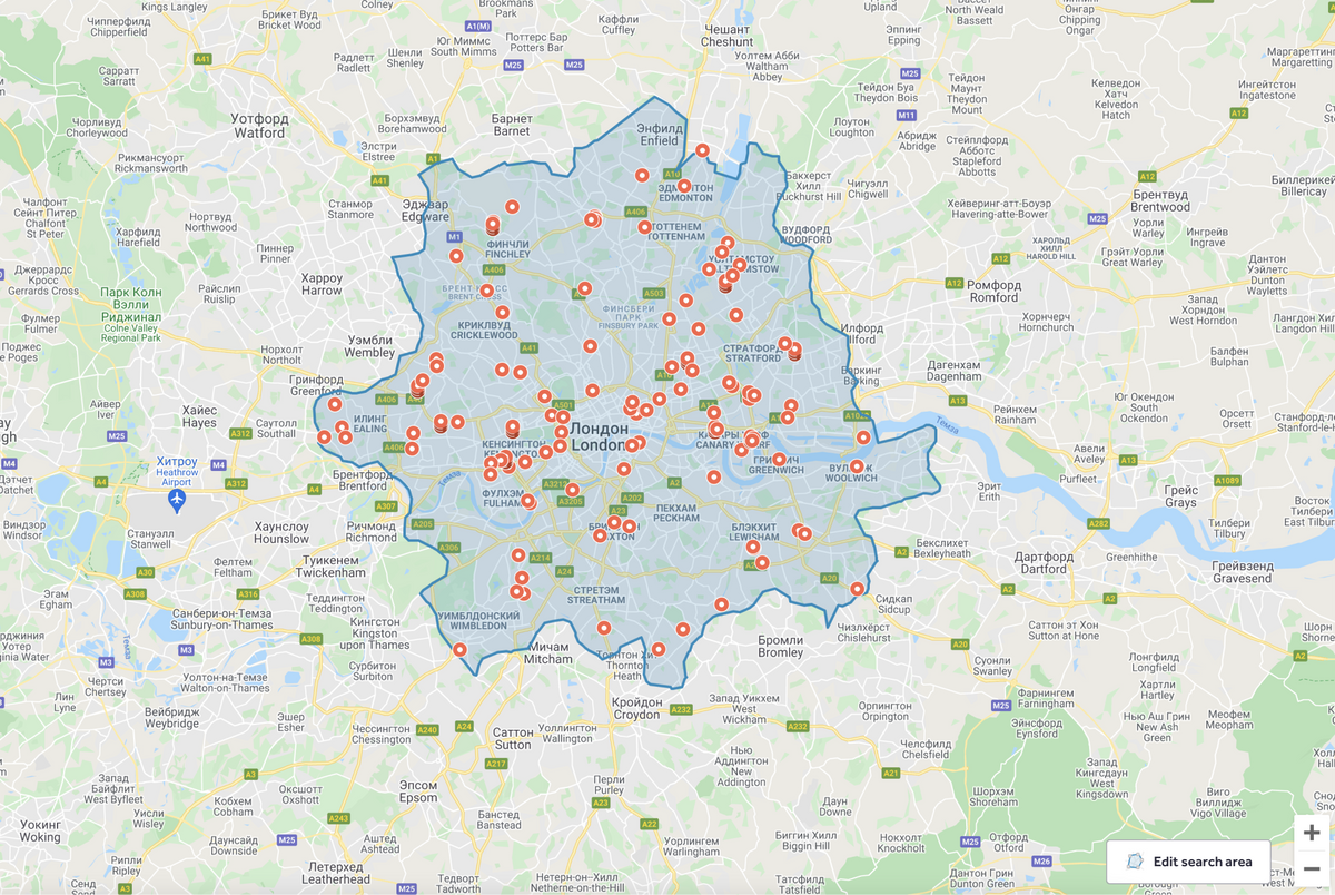 Так выглядят предложения с продажей недвижимости до 100 000 £ на карте Лондона. Здесь все — от парковочных мест и земли до домов-лодок и небольших апартаментов. Источник:&nbsp;rightmove.co.uk