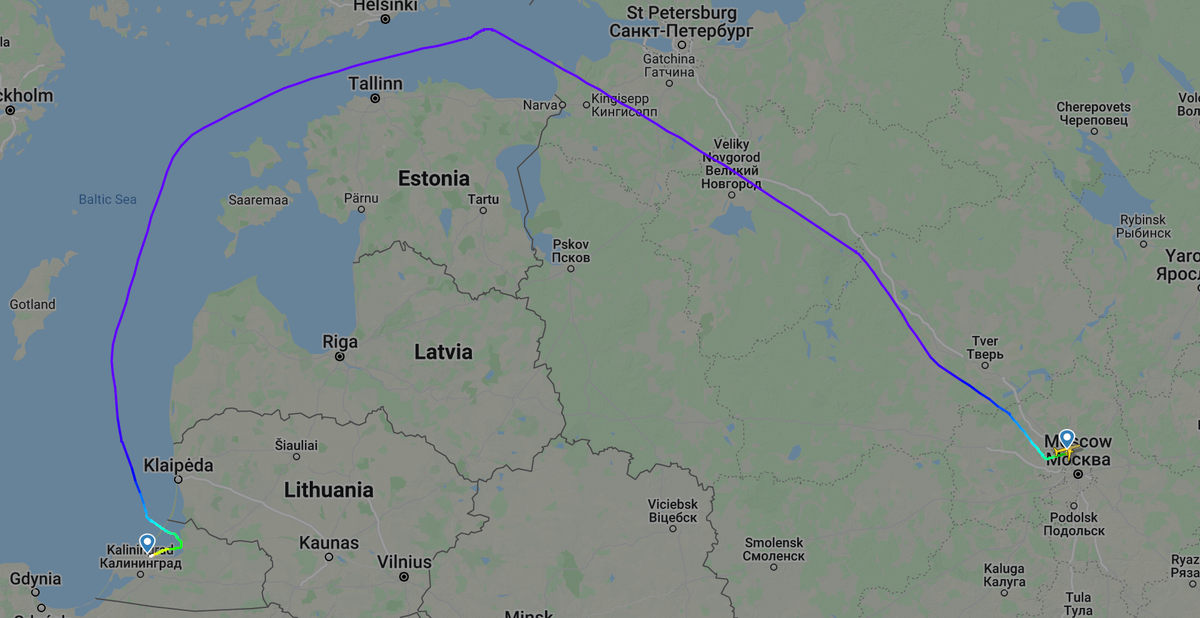 По такому маршруту «Аэрофлот» летает из Москвы в Калининград. Источник: flightradar24.com