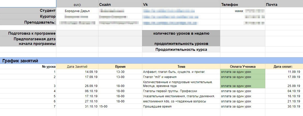 Таблица занятий для&nbsp;Даши