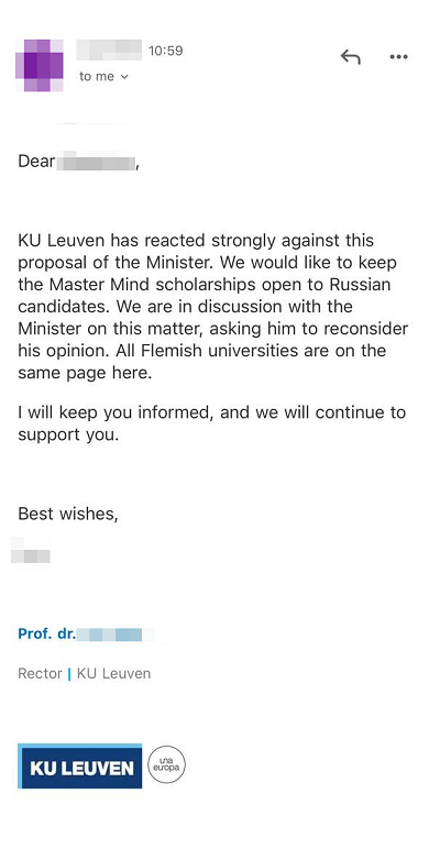 В ответе на запрос от аппликанта Левенский университет упомянул, что фламандские университеты не разделяют позицию министра об отмене стипендии Master Mind для россиян