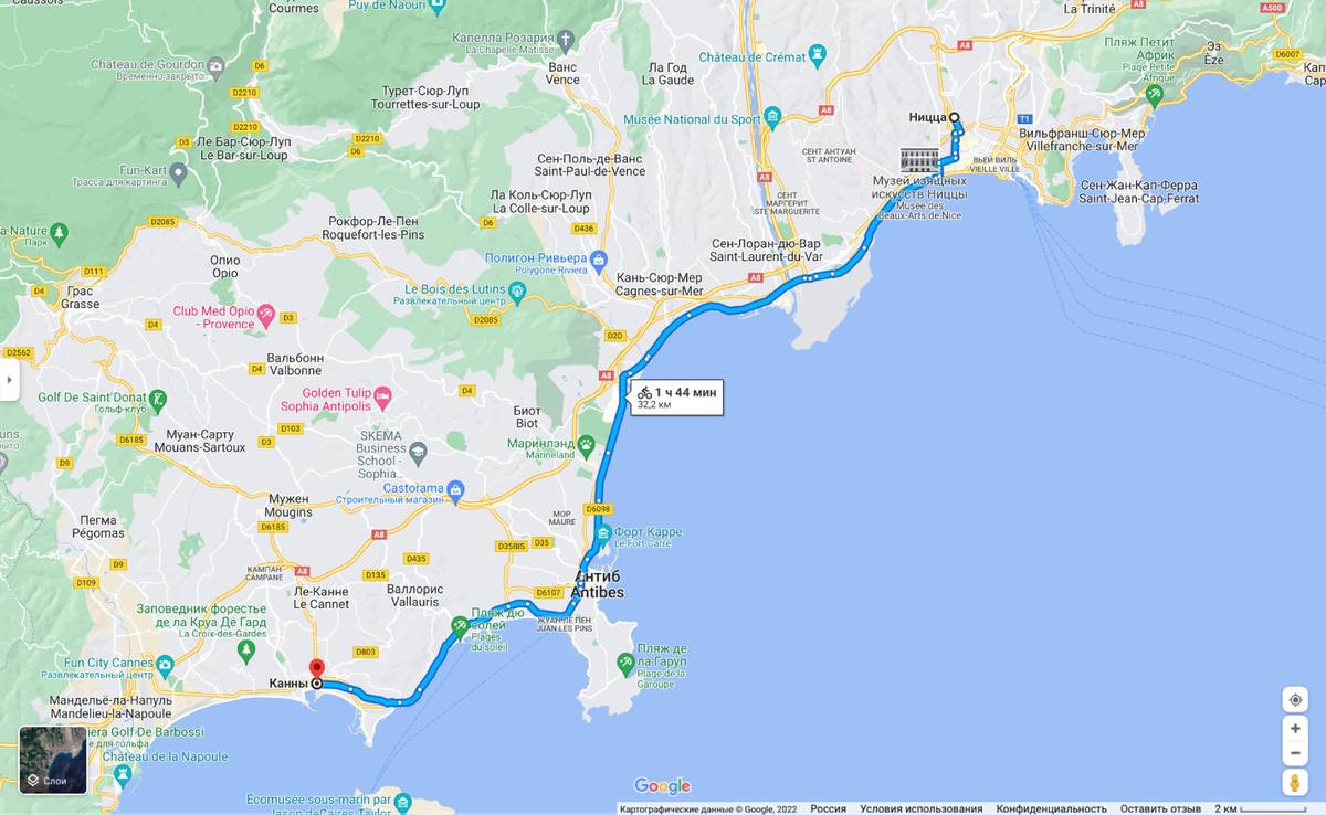 Велосипедный маршрут из Ниццы в Канны через Антиб. Источник: google.com