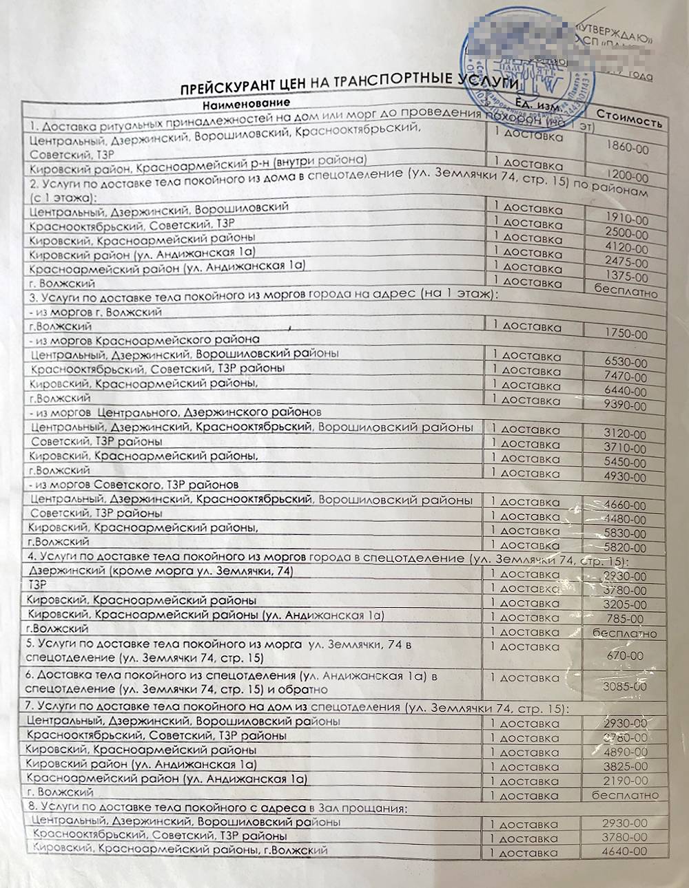 Прейскурант цен на ритуальные услуги