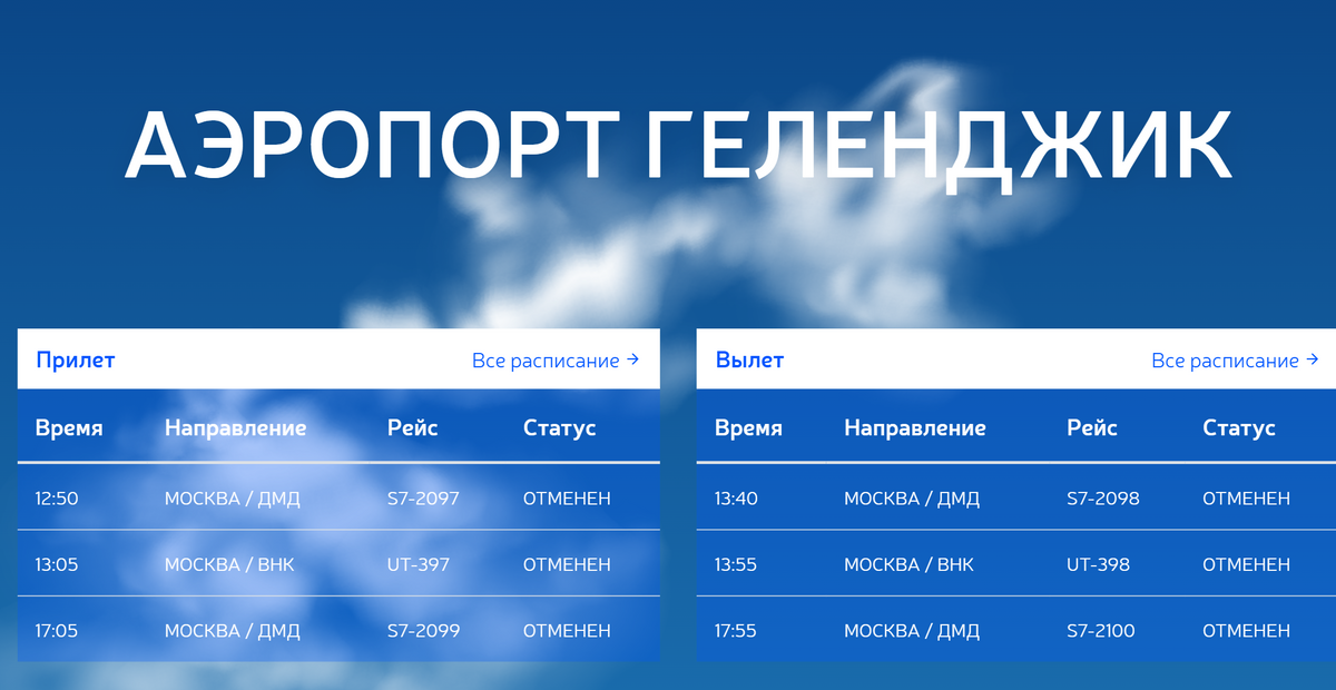 Все рейсы на онлайн-табло аэропорта в Геленджике получили статус «Отменен». Источник: gdz.aero