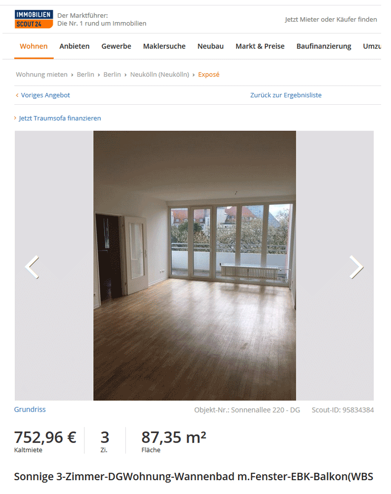 Трехкомнатная квартира в районе Нойкельн за 753 €. Цена указана без коммунальных платежей