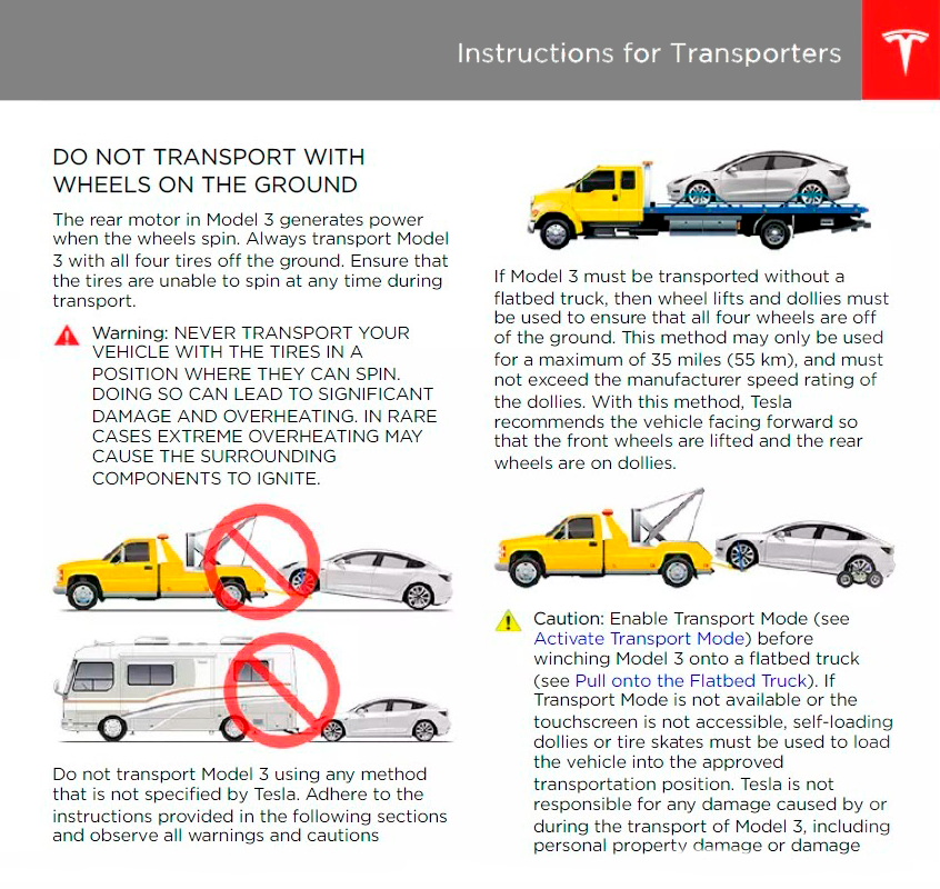 В руководстве по эксплуатации Теслы Модел 3 запрещено буксировать автомобиль, если все четыре или два колеса касаются земли. Можно лишь оттащить автомобиль на 10 метров на минимальной скорости. Источник: manualspdf.ru