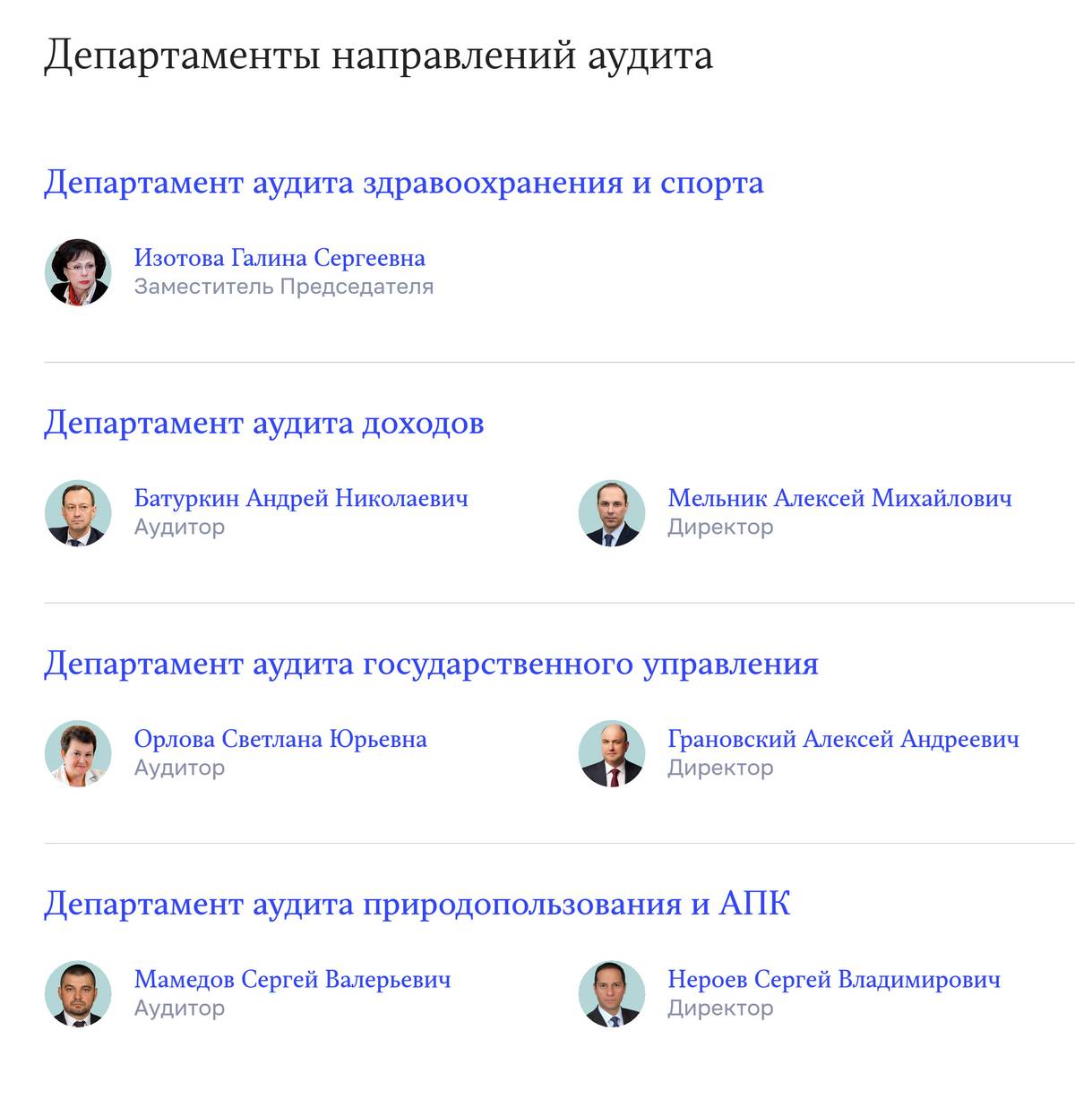 Департаменты направлений, возглавляемые аудиторами, также перечислены на сайте. Источник: ach.gov.ru