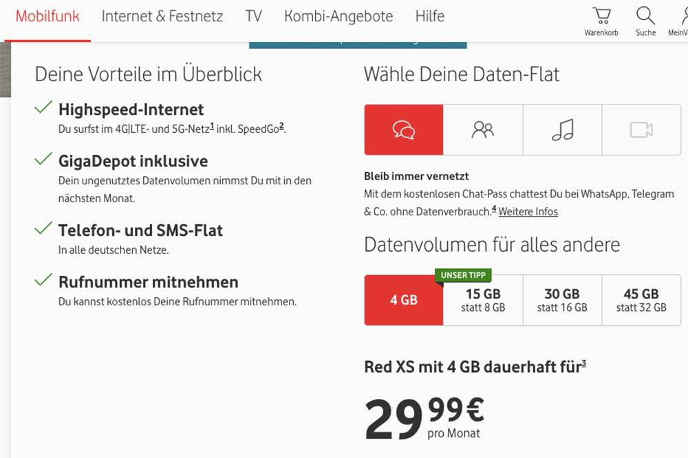 Цены на мобильную связь от Vodafone — 4 Гб обойдутся в 29,99 €