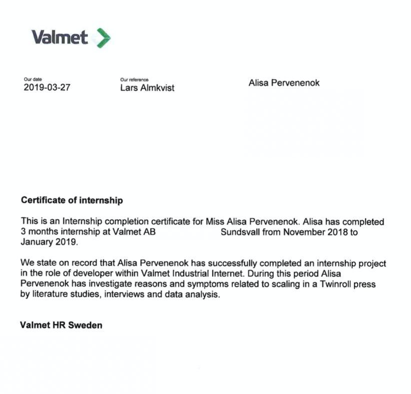 Мой сертификат о прохождении стажировки в компании Valmet
