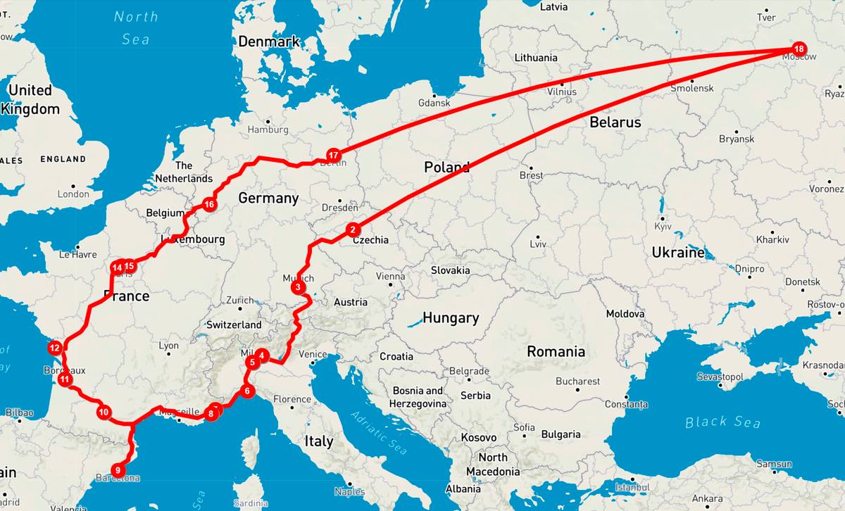 Схема маршрута Москва — Барселона — Москва. Самые длинные расстояния — между Москвой и Варшавой. Дальше в Европе все рядом