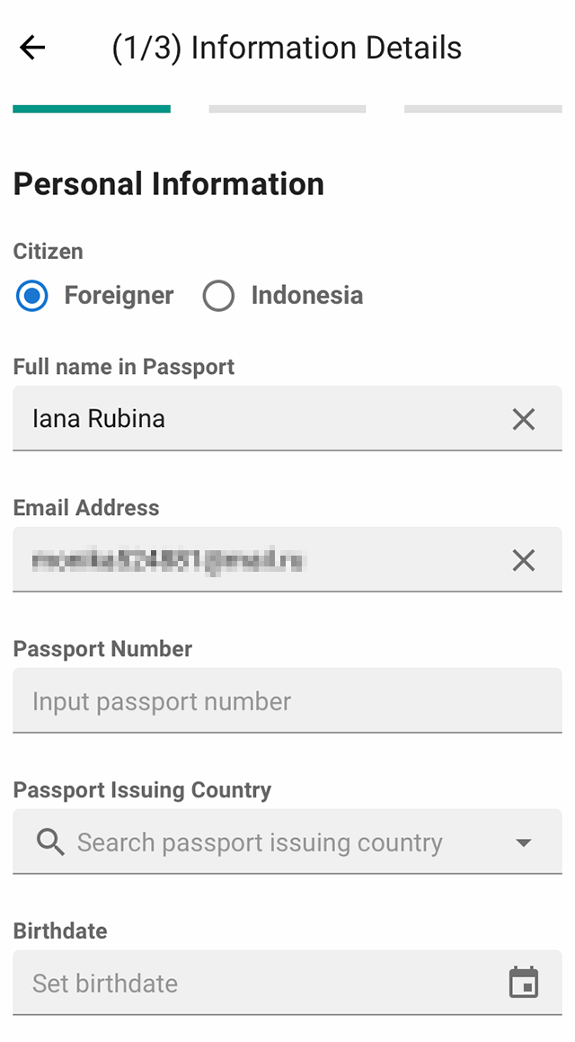 В форме e-HAC необходимо указать личные данные путешественника и вид транспорта, которым он добирается до Индонезии