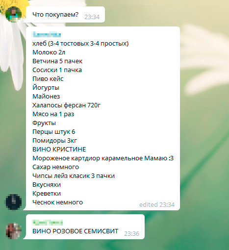 Все покупки обсуждали в чате. Так выглядел список покупок за день до отъезда
