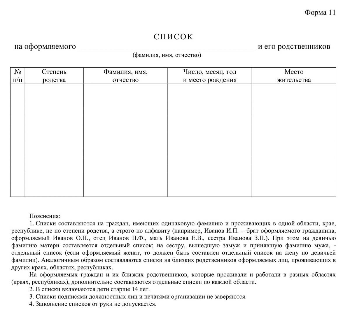 Список родственников образец заполнения мвд близких бланк
