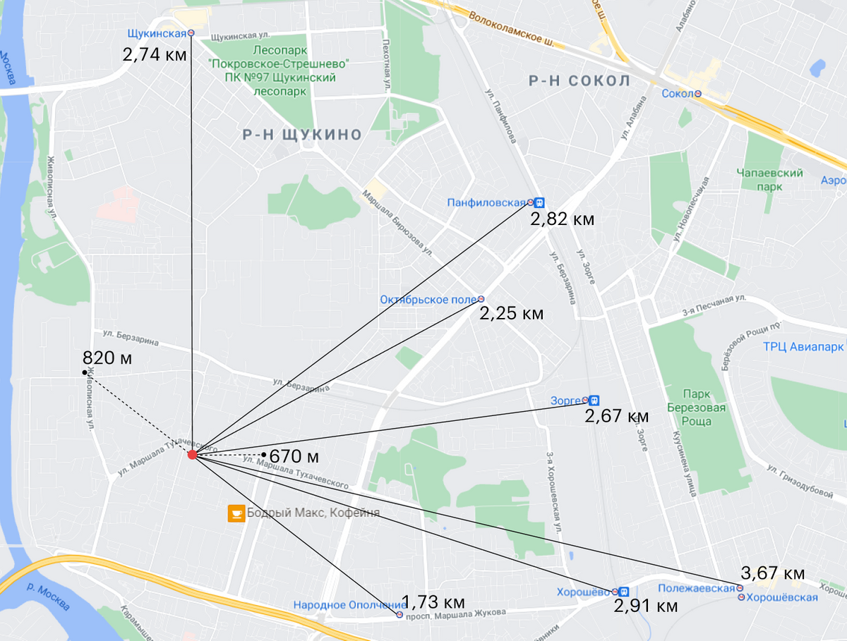 Пока от моего дома до действующих станций 1,73—2,74 км. А новые будут гораздо ближе — расстояние до них я отметил пунктиром