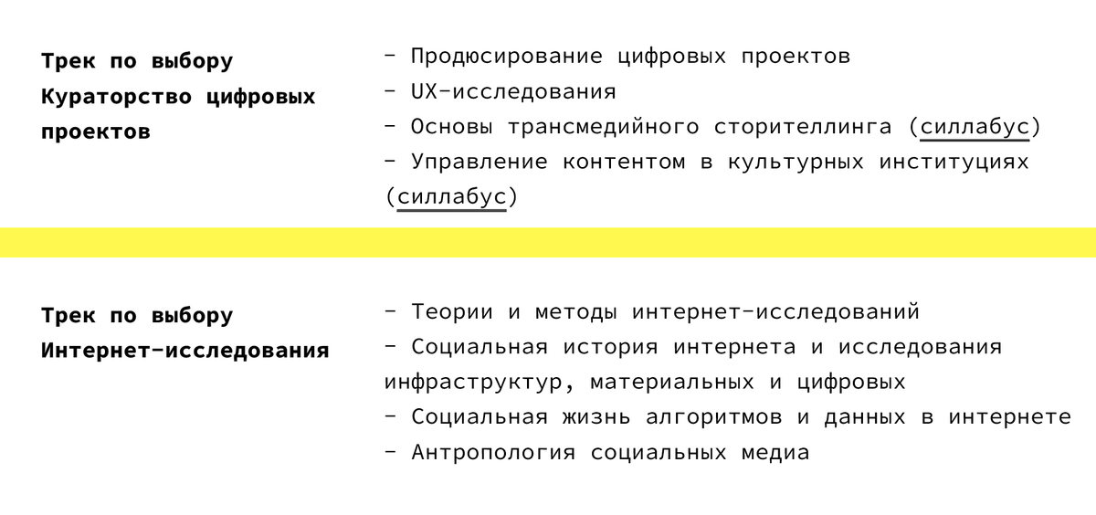 Вот какие предметы включают в себя треки. Источник: dh.itmo.ru