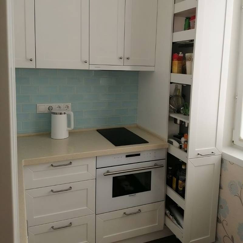 Эту кухню проектировали продуманно: двухконфорочная плита, мини-духовка для дополнительного пространства и выдвижной шкаф-колонна, куда поместится все необходимое. Источник: Pinterest