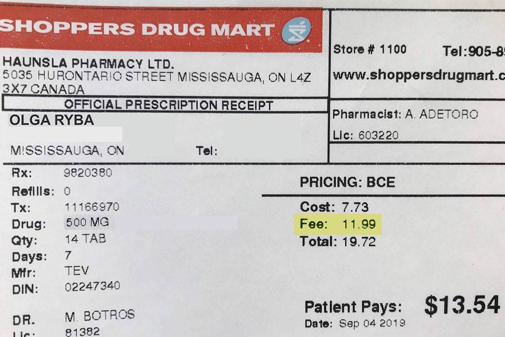 Так выглядит чек на таблетки. 12 $ от стоимости — комиссия аптеки