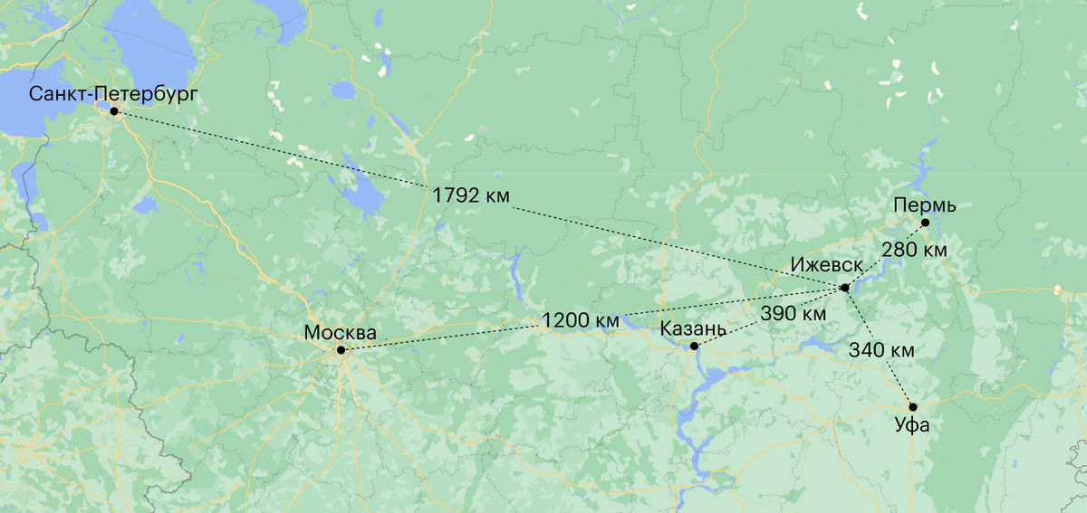 Расстояние от Ижевска до других крупных городов России