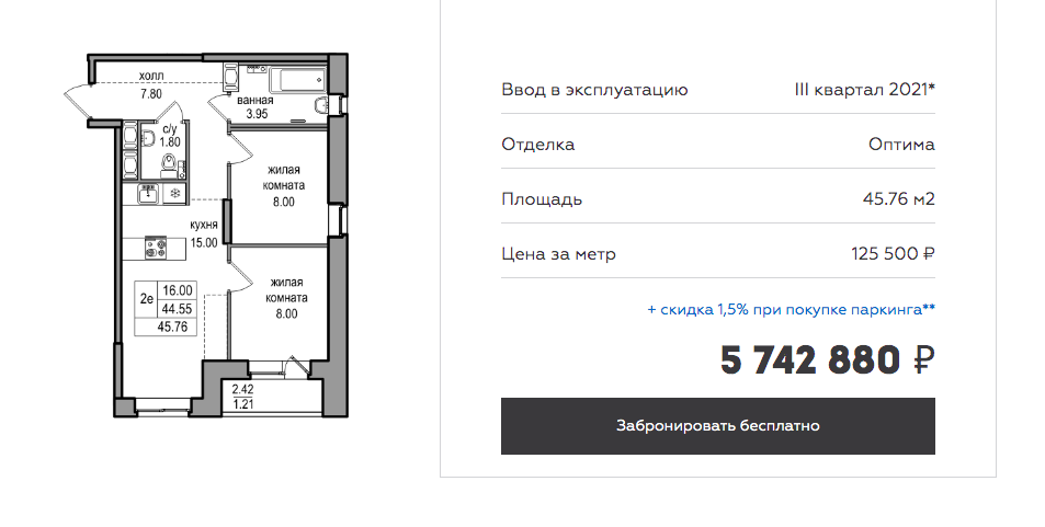 Цена аналогичной квартиры на сайте застройщика