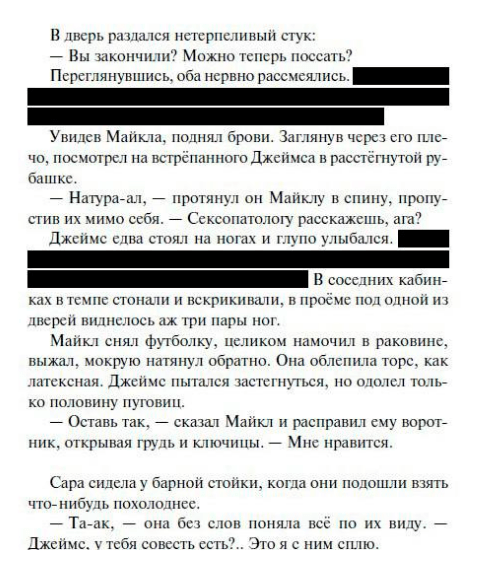 В издательстве объяснили, что не стали совсем вырезать спорные фрагменты, а закрасили их черным — «чтобы не скрывать факт цензуры». Они составили 3% от книги. Источник: eksmo.ru