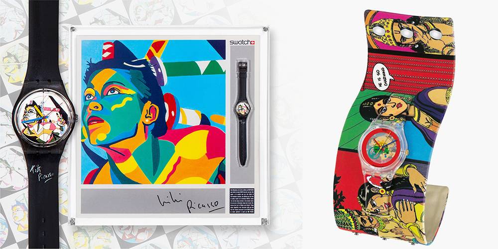 Пример коллаборации Swatch с деятелями искусства: Swatch Kiki Picasso — винтажные часы 1985&nbsp;года, их разработал французский дизайнер и художник Кики Пикассо (Кристиан Шапирон). Swatch Charmingly Beautiful 2010&nbsp;года, автор — индийский дизайнер Маниш Арора