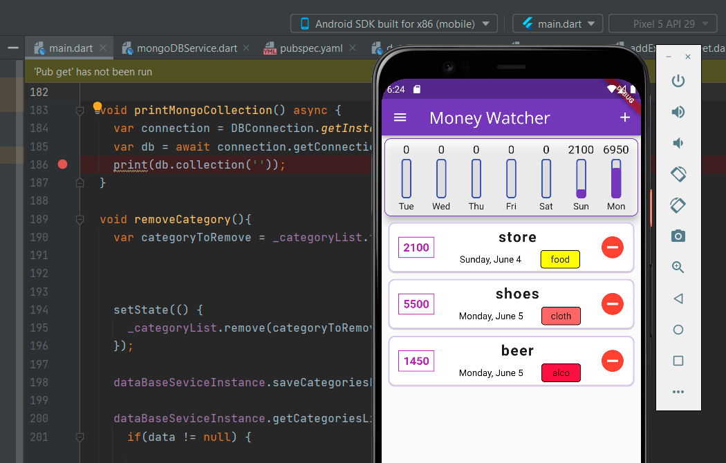 Сейчас приложение в эмуляторе выглядит так. Вместо карточек затрат будут карточки с приемом пищи, вверху будет статистика. Все данные по каждому пользователю будут храниться в базе данных и подтягиваться по сети. Пока проект готов только на 10%