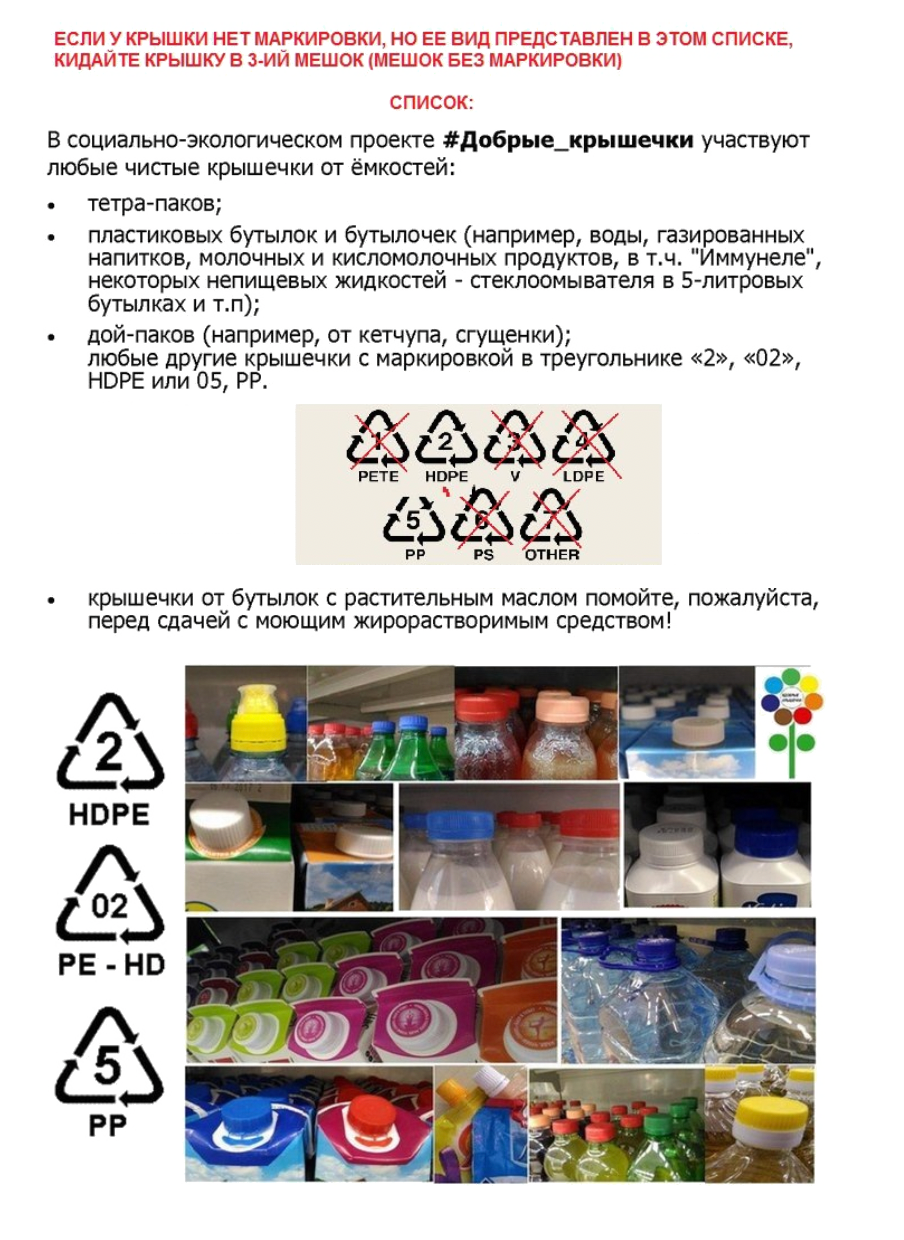 Какие пластиковые крышки можно сдавать в рамках социально экологического проекта добрые крышечки