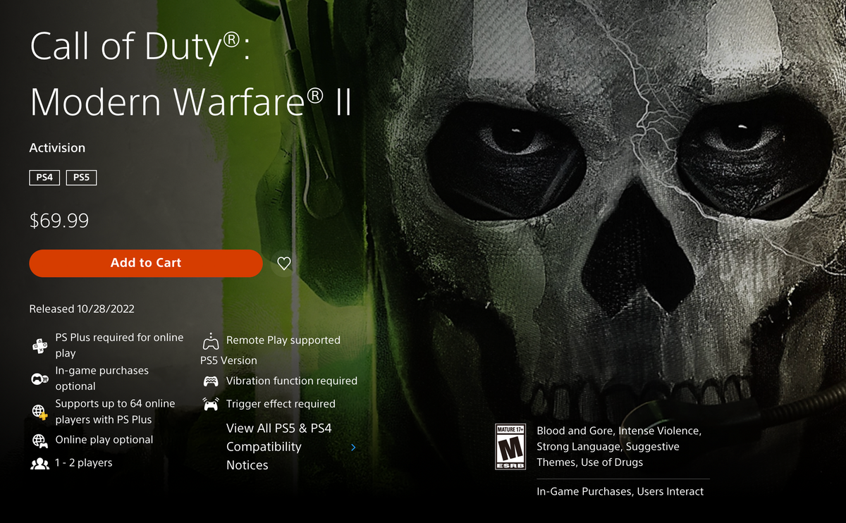 Call of Duty: Modern Warfare 2 доступна в иностранных PlayStation Store с переводом на русский язык. Источник: playstation.com