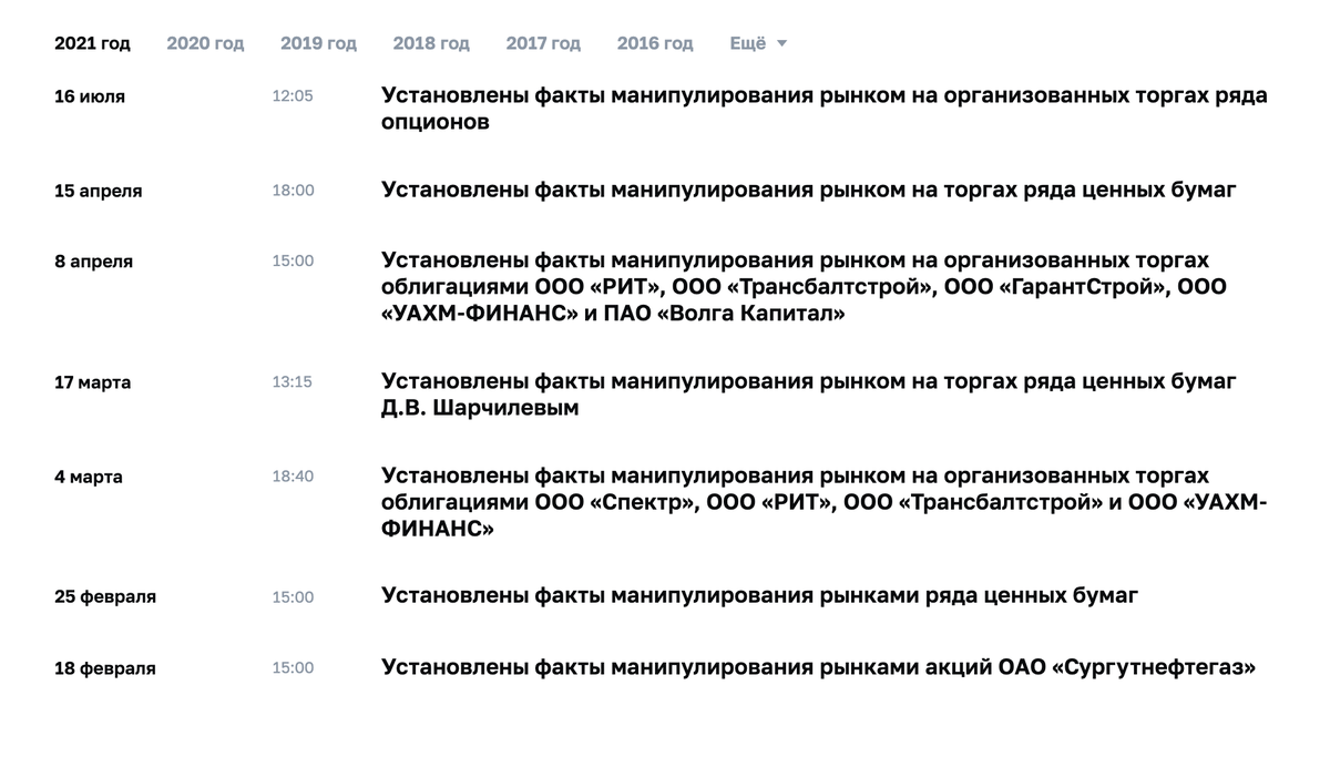 Если ЦБ обнаруживает факты манипулирования рынком, чаще всего он направляет нарушителям предписание, чтобы больше они так не делали. А в некоторых случаях передает дела в правоохранительные органы. Источник: ЦБ РФ