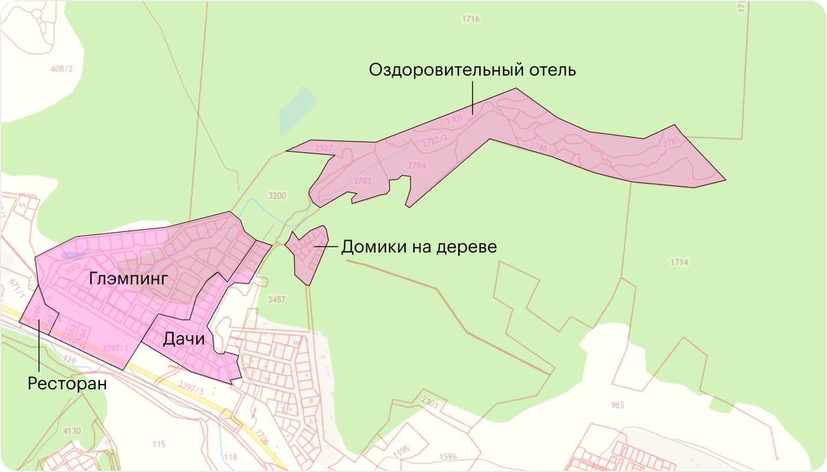 Розовым выделена наша территория — ближе к дороге находятся ресторан, глэмпинг, дачи. Земля под&nbsp;оздоровительный отель — в глубине леса