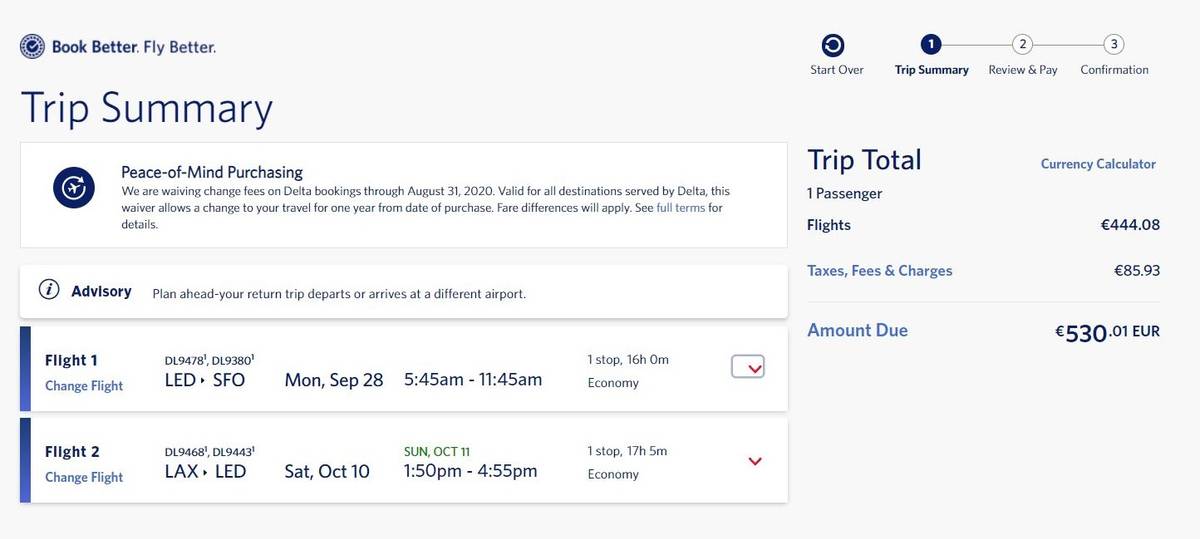 На сайте Delta Airlines билеты стоили 530,01&nbsp;€ — 45&nbsp;713&nbsp;<span class=ruble>Р</span> по&nbsp;курсу на&nbsp;август 2020&nbsp;года. Это почти на 5&nbsp;тысяч дешевле, чем на&nbsp;агрегаторе