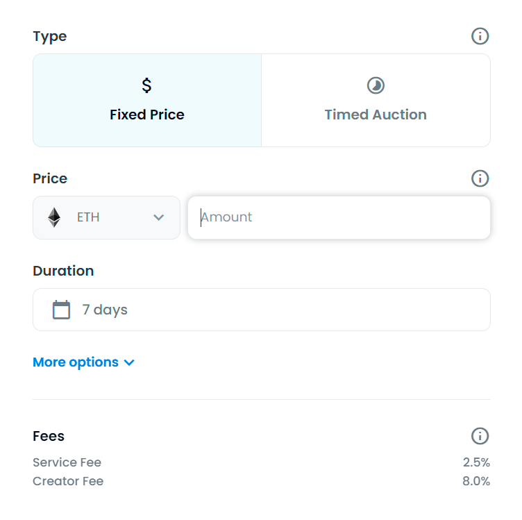 Чтобы выбрать механизм продаж на Opensea, нажмите кнопку List рядом с главным изображением NFT. А затем отметьте, что вам подходит: фиксированная стоимость или аукцион. Предложения с ценами от покупателей будут поступать независимо от выбранного варианта